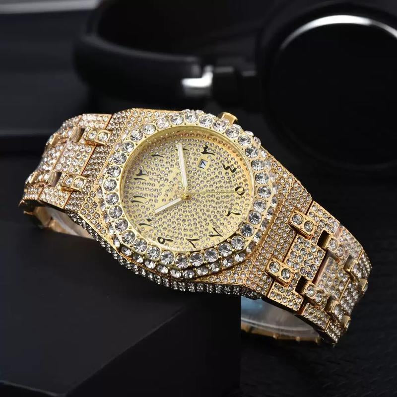 Full Iced Quality Wrist Watch Automatic Waterproof Bling Bling Diamond Style Watch round Face Design with Arabic Numerals.