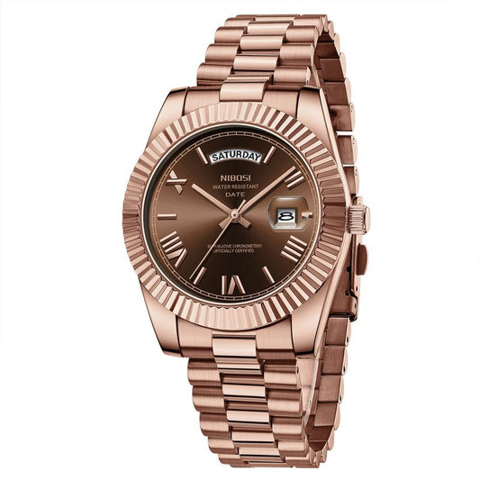NIBOSI Men'S Luxury Dress Watch 40Mm Rose Gold Dial Stainless Steel Band Rotating Quartz Analog Waterproof Luminous Big Face Boss Wrist Watch