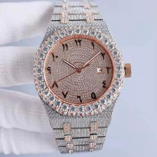 Full Iced Quality Wrist Watch Automatic Waterproof Bling Bling Diamond Style Watch round Face Design with Arabic Numerals.